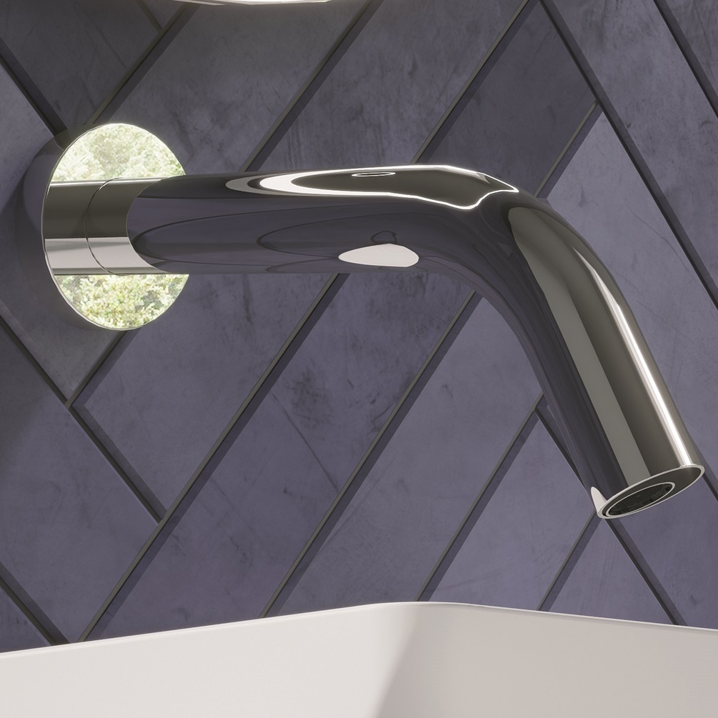 Lifestyle image closeup of Crosswater MPRO Sensor Chrome 208mm Wall Mounted Basin Spout in bathroom  PROX0160WC_220
